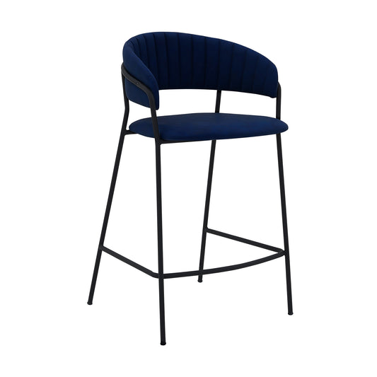 26" Blue And Black Faux Leather And Iron Low Back Counter Height Bar Chair