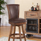 26" Brown And Chestnut Faux Leather And Solid Wood Swivel Counter Height Bar Chair