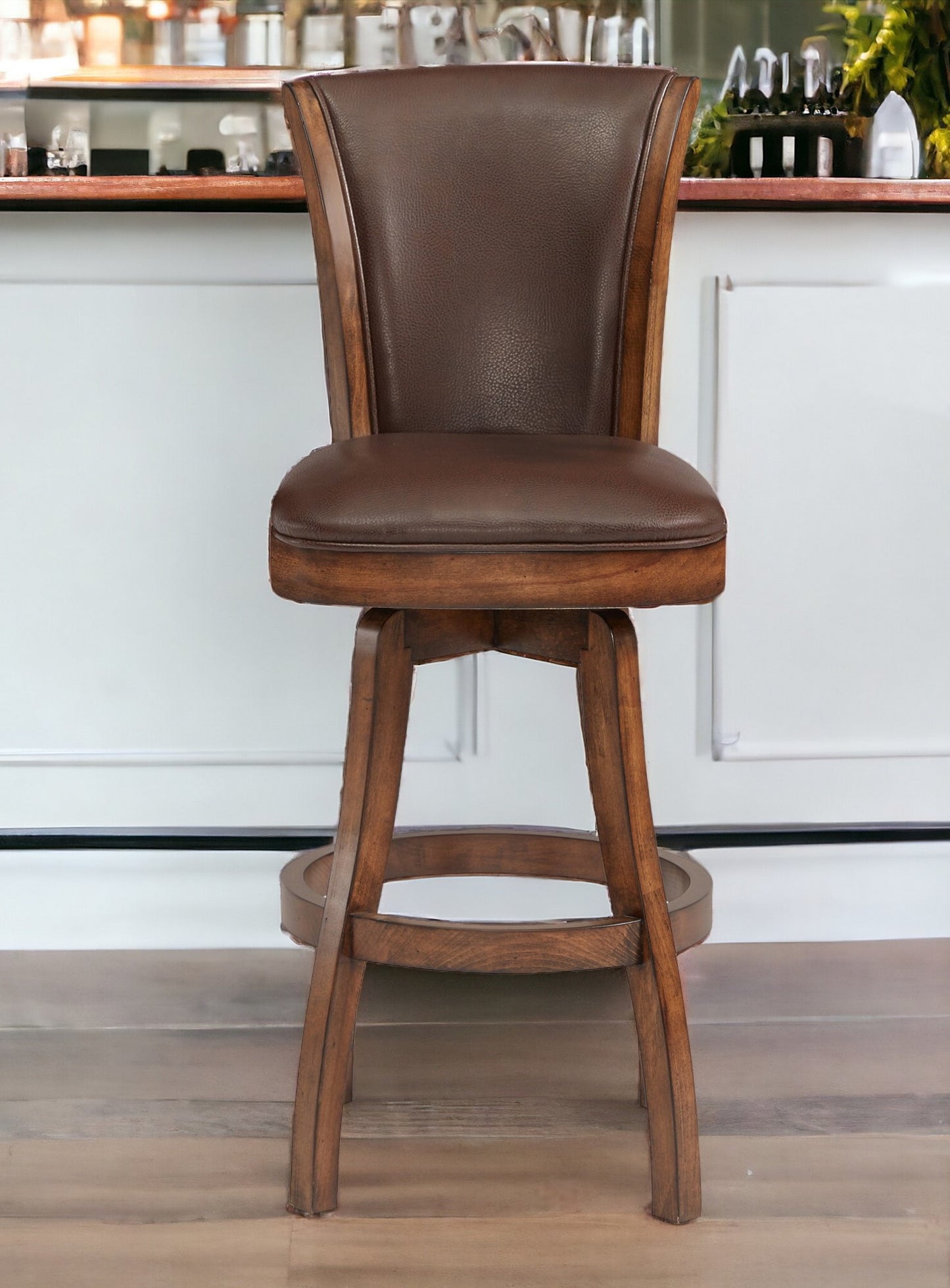 26" Brown And Chestnut Faux Leather And Solid Wood Swivel Counter Height Bar Chair