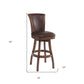 26" Brown And Chestnut Faux Leather And Solid Wood Swivel Counter Height Bar Chair