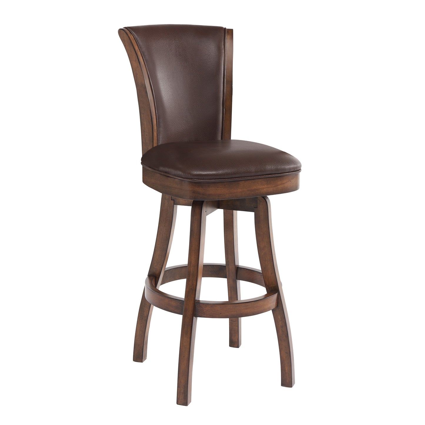 26" Brown And Chestnut Faux Leather And Solid Wood Swivel Counter Height Bar Chair