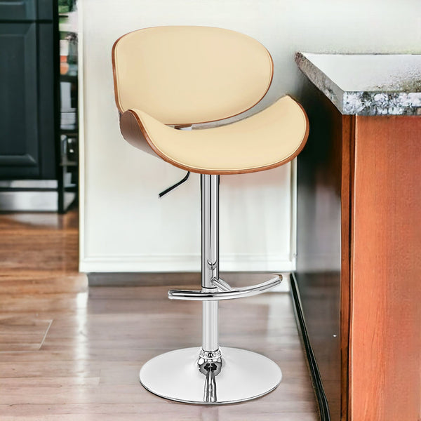 25 Cream And Silver Faux Leather And Solid Wood Swivel Low Back Adjustable Height Bar Chair