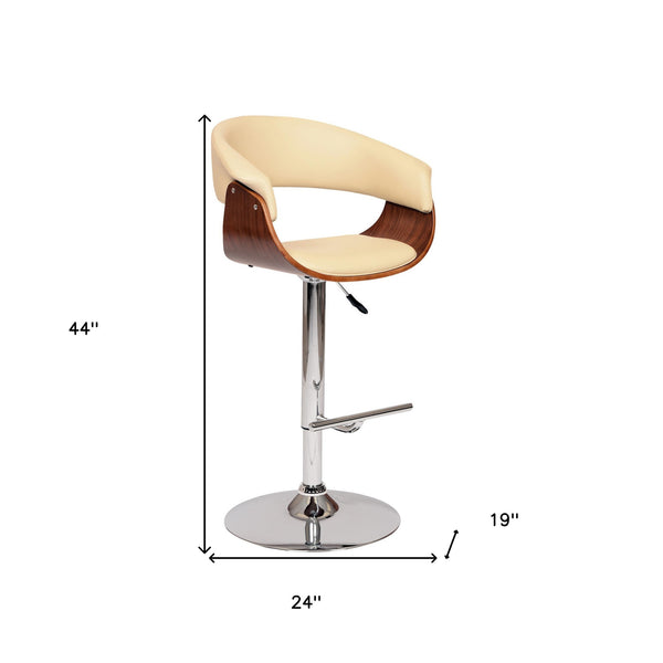 24 Cream And Silver Faux Leather And Solid Wood Swivel Low Back Adjustable Height Bar Chair