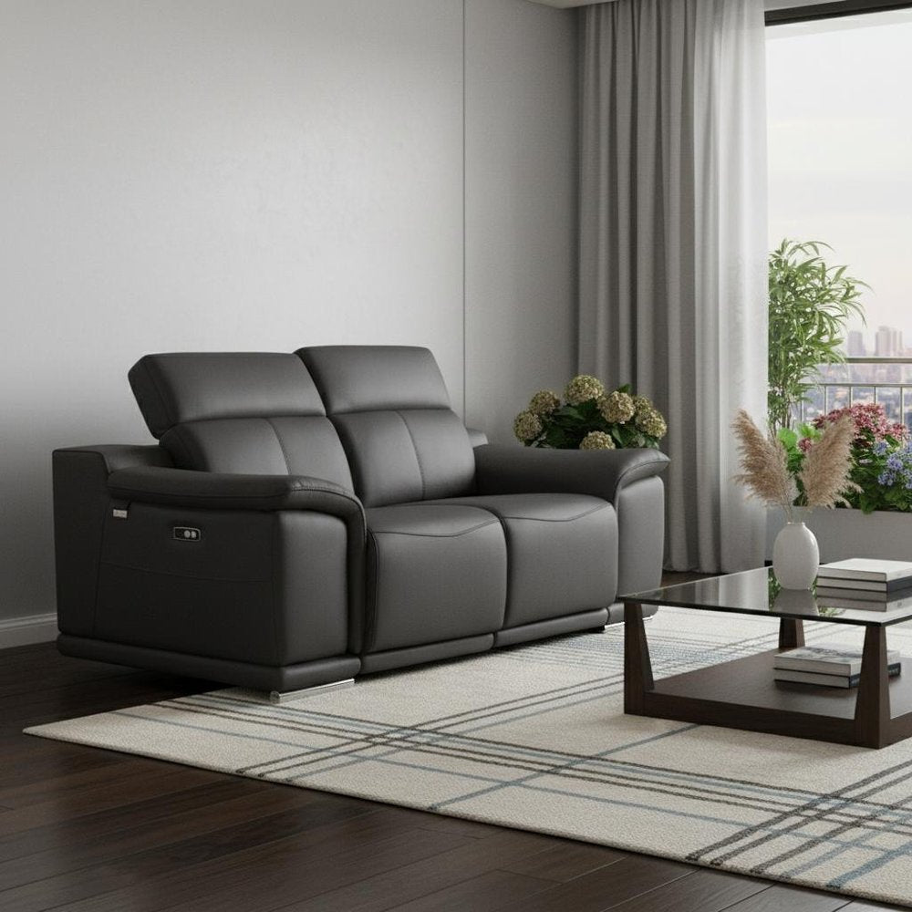 72" Gray And Silver Italian Leather Power Reclining Loveseat