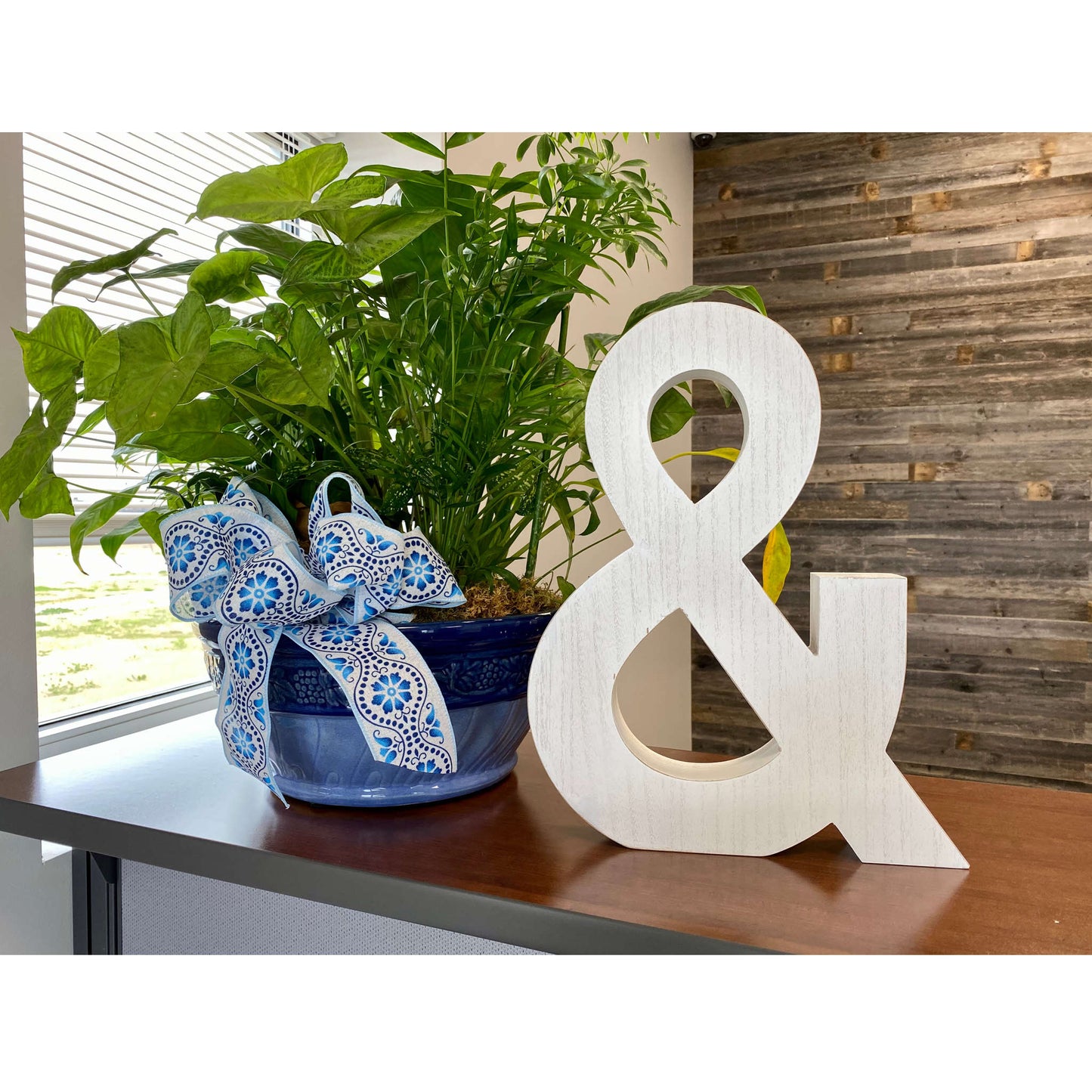 16" Distressed White Wash Wooden Initial Ampersand Sculpture