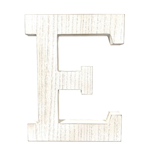 16" Distressed White Wash Wooden Initial Letter E Sculpture