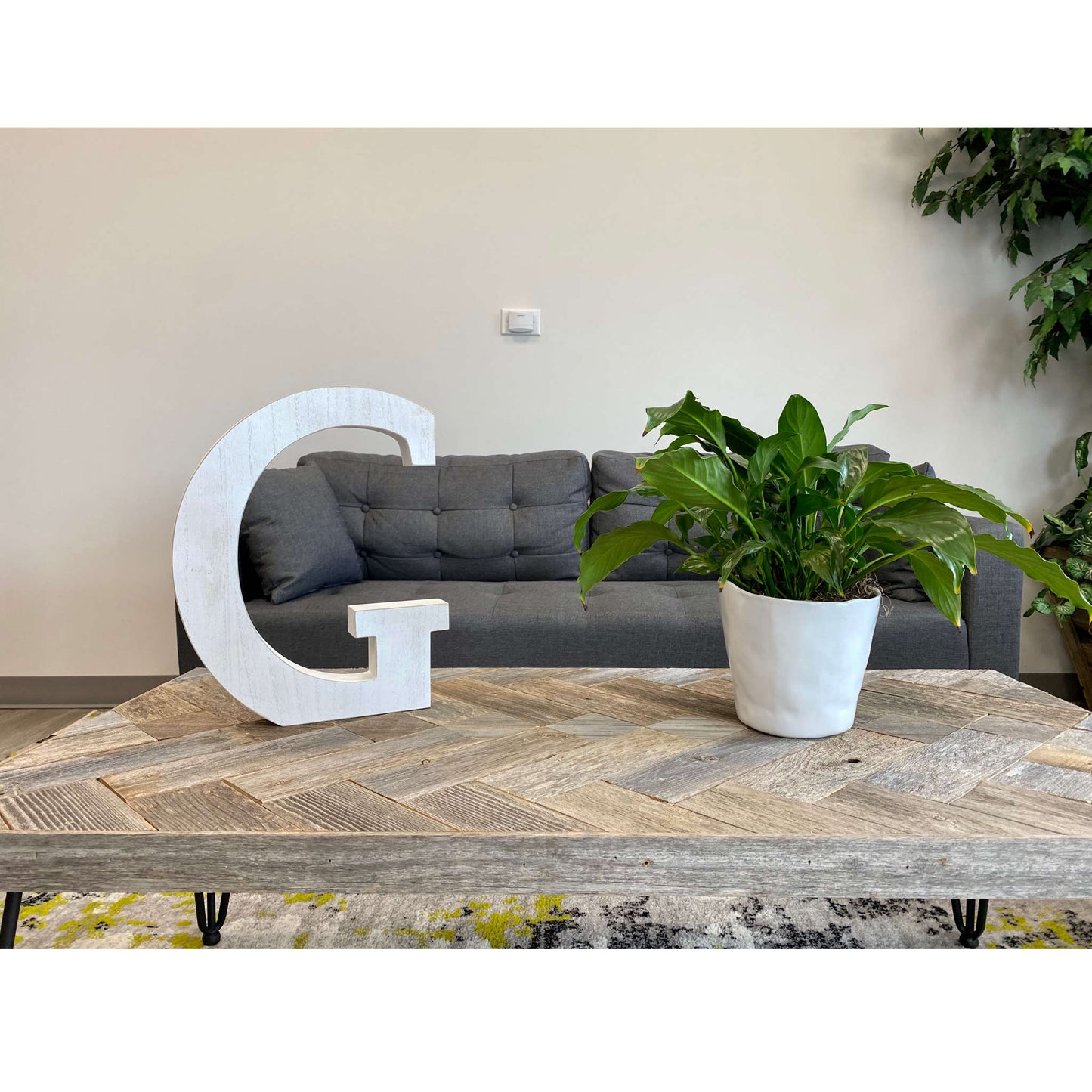 16" Distressed White Wash Wooden Initial Letter G Sculpture