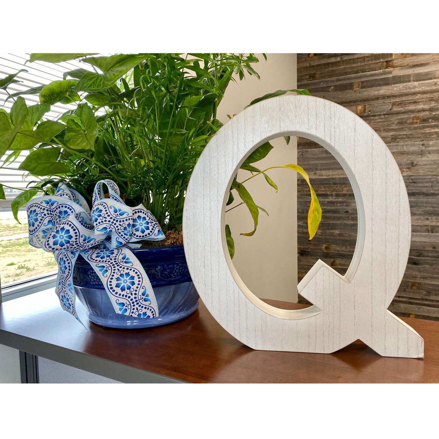 16" Distressed White Wash Wooden Initial Letter Q Sculpture