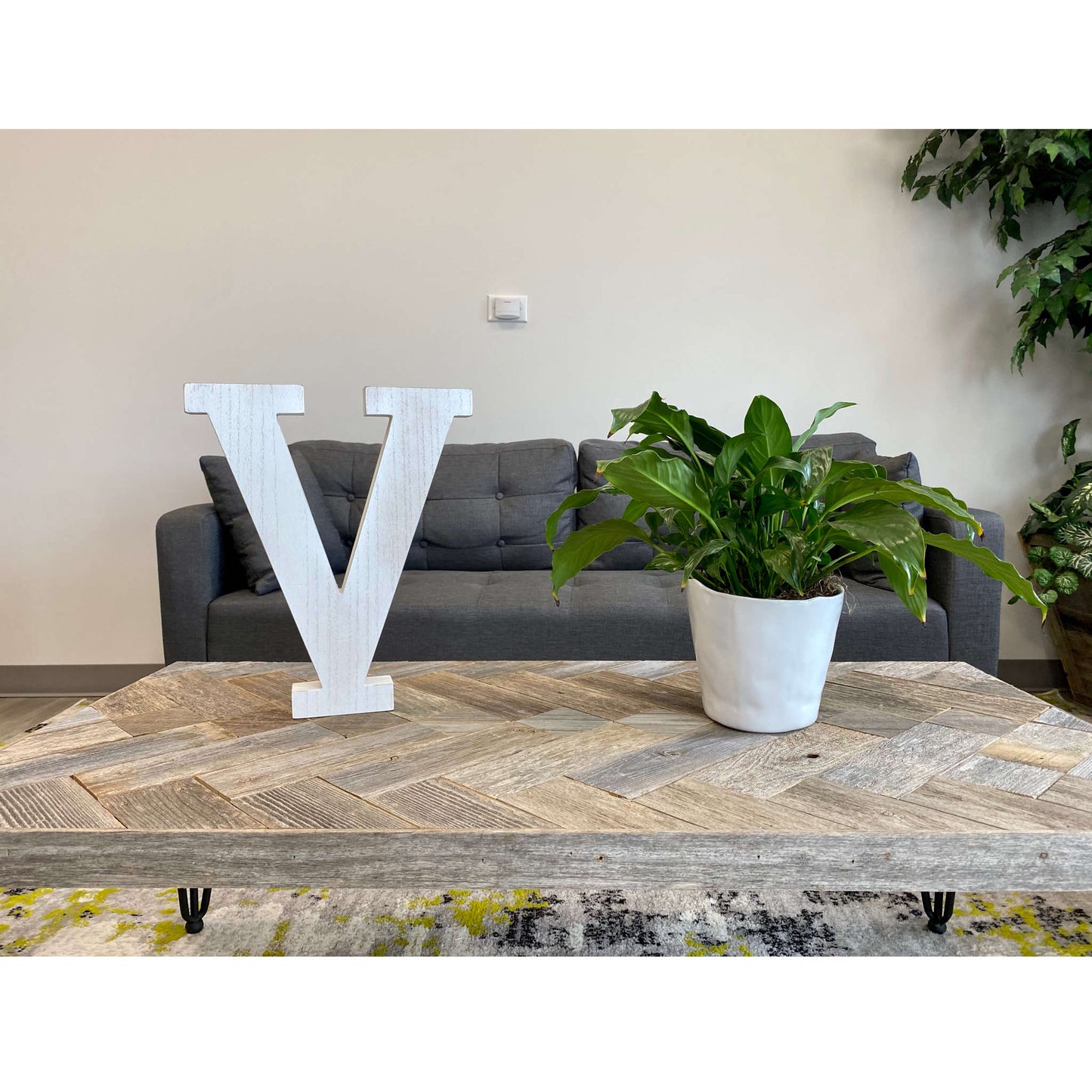 16" Distressed White Wash Wooden Initial Letter V Sculpture