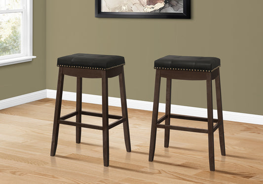 Set of Two 30 " Black And Espresso Faux Leather And Solid Wood Backless Bar Height Bar Chairs