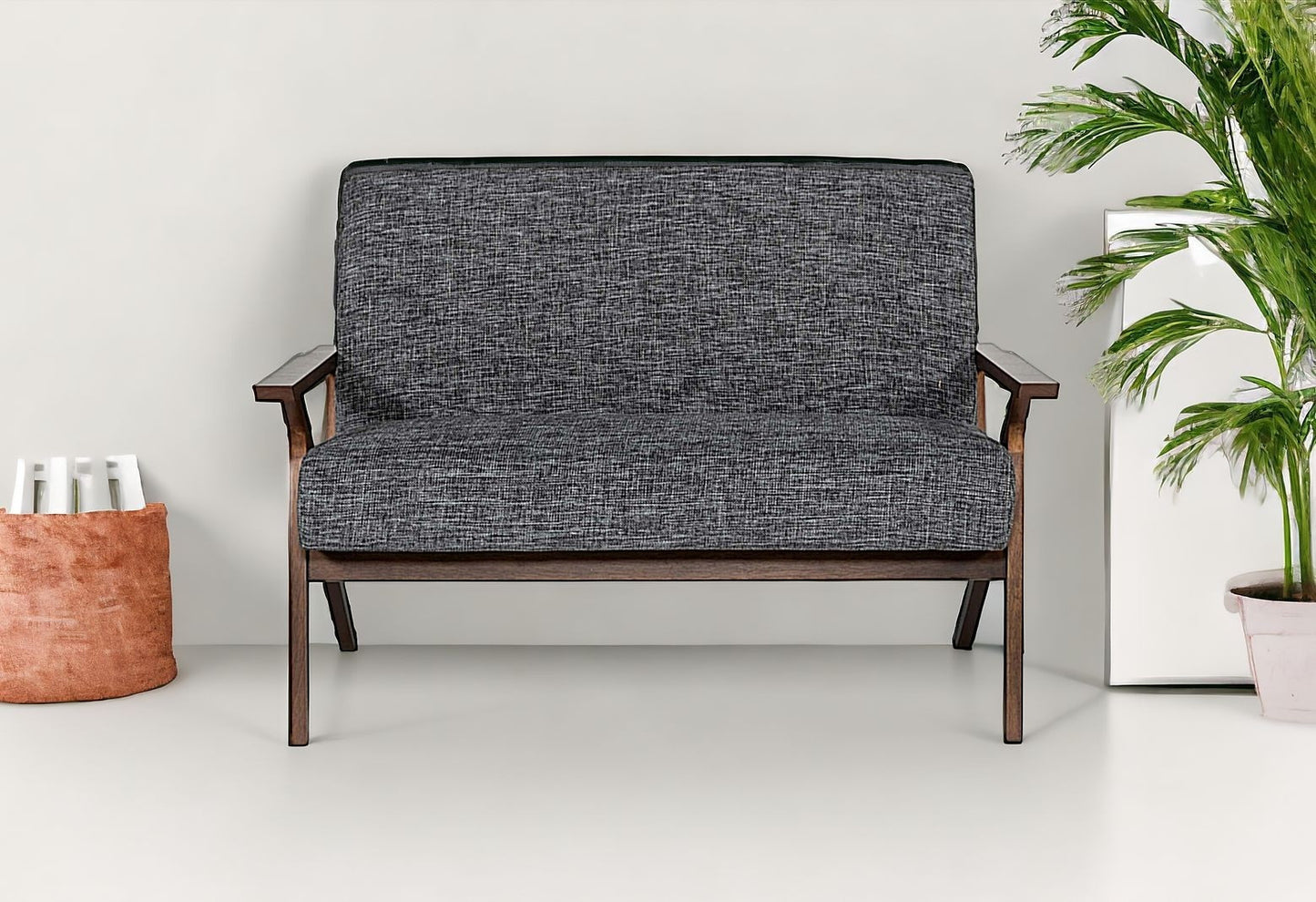 Compact 44" Grey Fabric And Walnut Veneer Loveseat