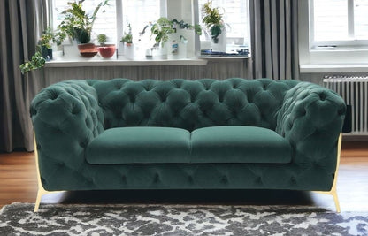 74" Emerald Green And Gold Velvet Loveseat