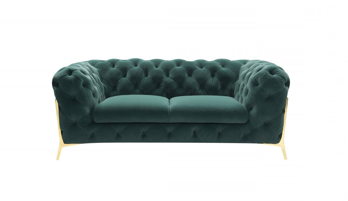 74" Emerald Green And Gold Velvet Loveseat