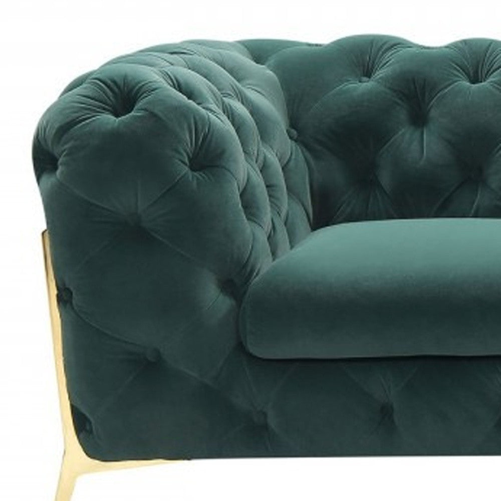 74" Emerald Green And Gold Velvet Loveseat