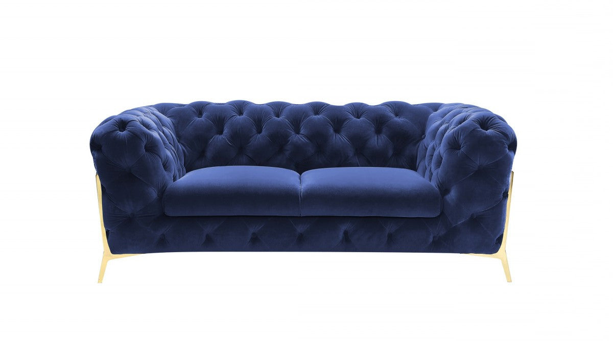 Glam  74" Blue Velvet And Gold Loveseat