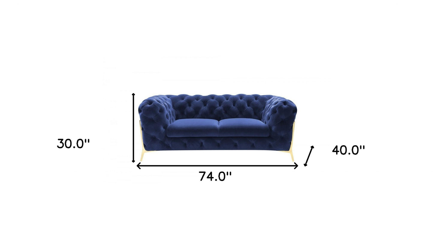 Glam  74" Blue Velvet And Gold Loveseat