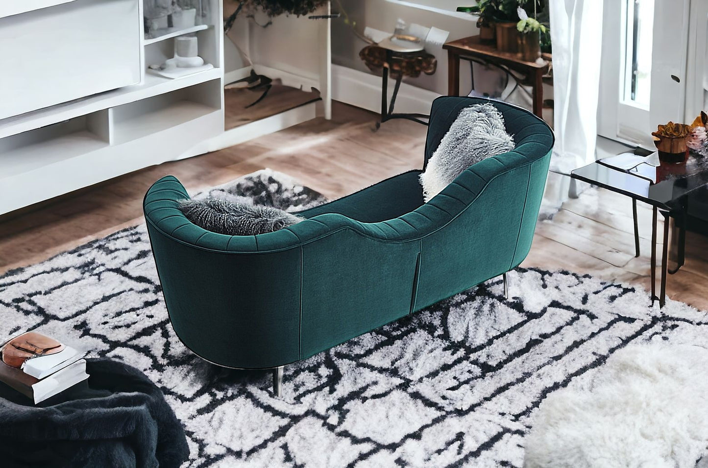 83" Green Velvet Curved Sofa With Silver Legs