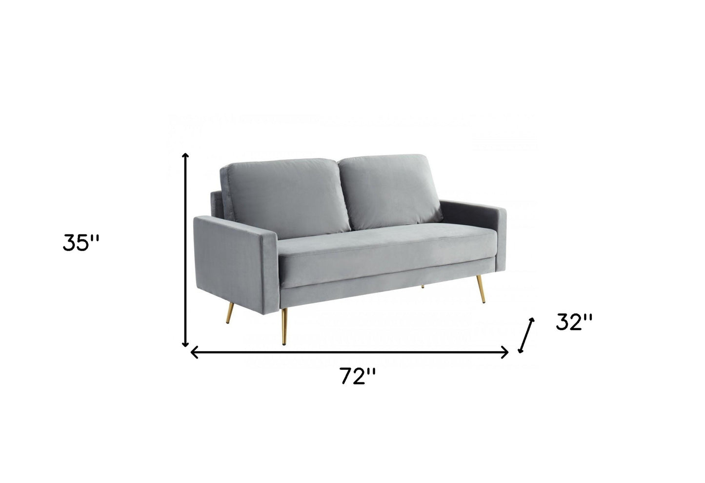 72" Gray Velvet Sofa With Brass Legs