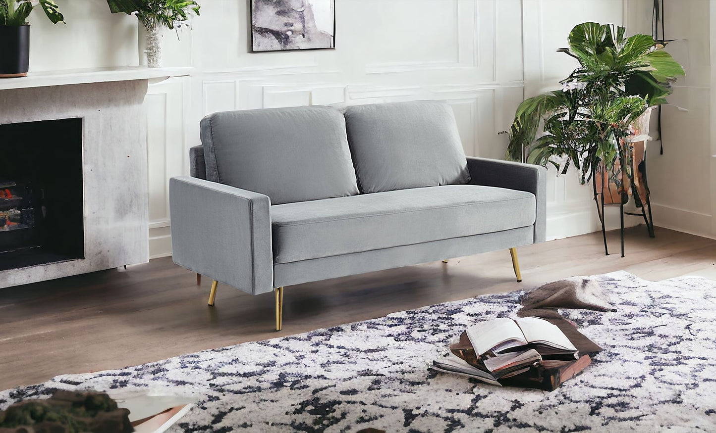 72" Gray Velvet Sofa With Brass Legs