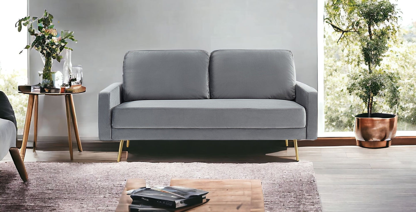 72" Gray Velvet Sofa With Brass Legs