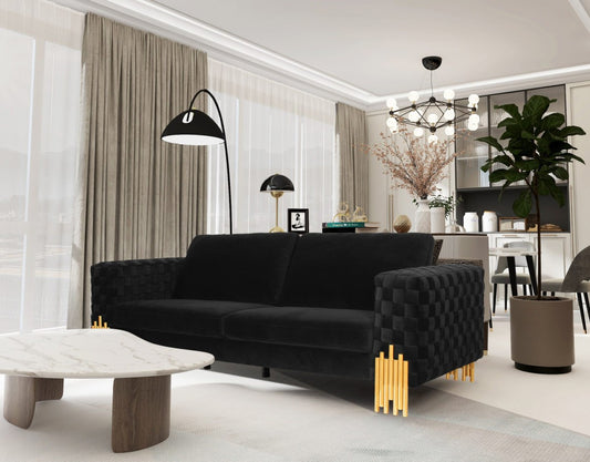 95" Black Velvet Sofa With Gold Legs