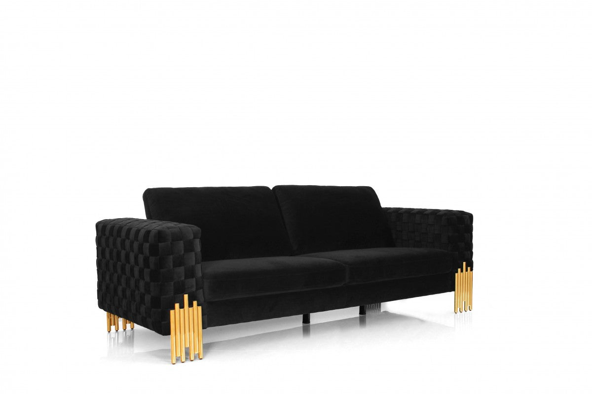 95" Black Velvet Sofa With Gold Legs