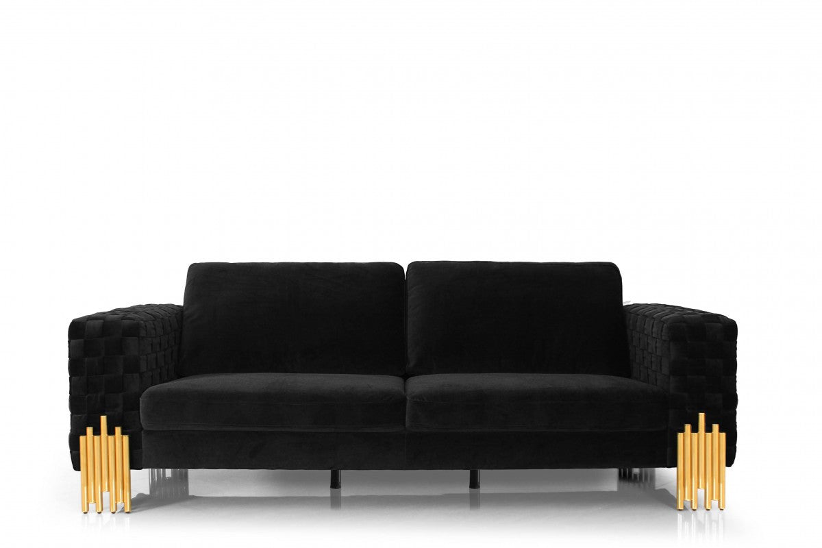 95" Black Velvet Sofa With Gold Legs