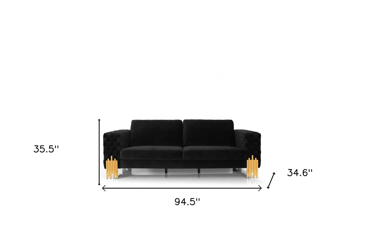 95" Black Velvet Sofa With Gold Legs