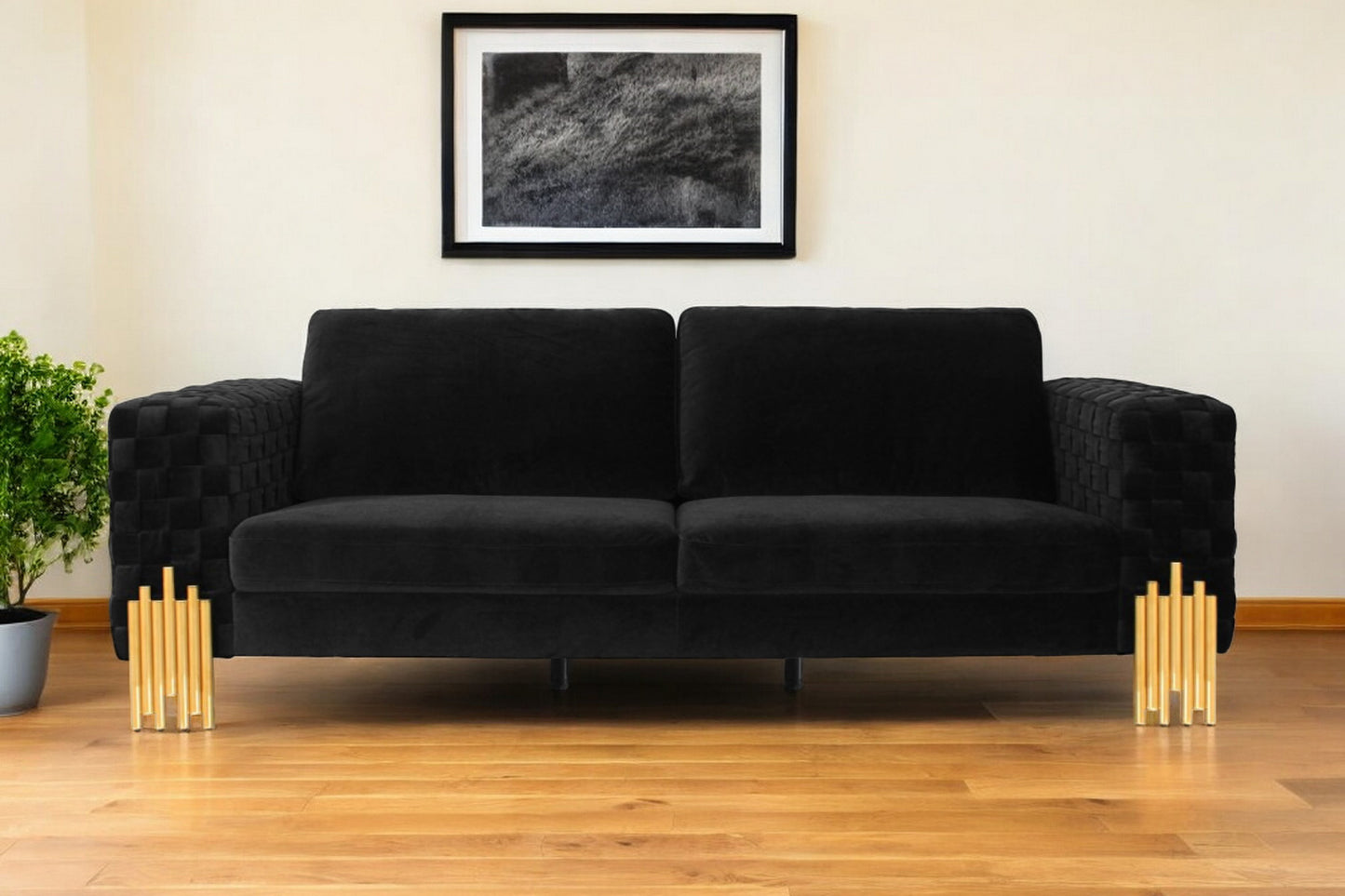 95" Black Velvet Sofa With Gold Legs