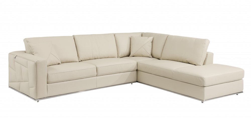 Beige Leather Reclining L Shaped Two Piece Corner Sectional