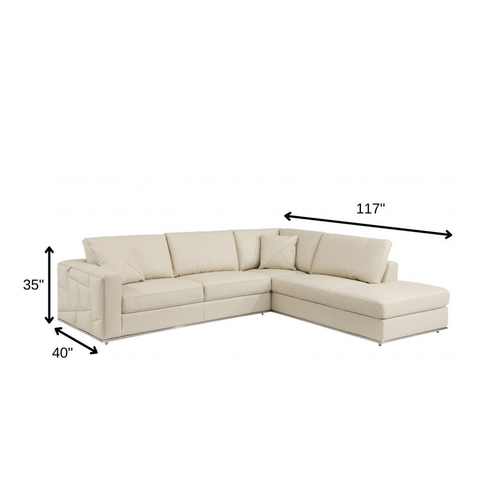 Beige Leather Reclining L Shaped Two Piece Corner Sectional