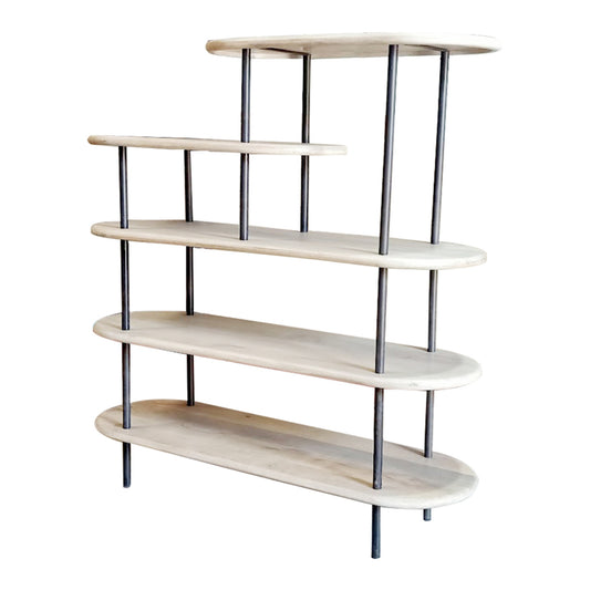 58" White and Gray Iron and Solid Wood Five Tier Bookcase