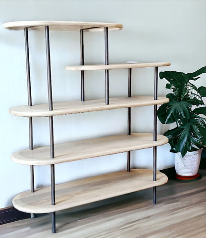 58" White and Gray Iron and Solid Wood Five Tier Bookcase