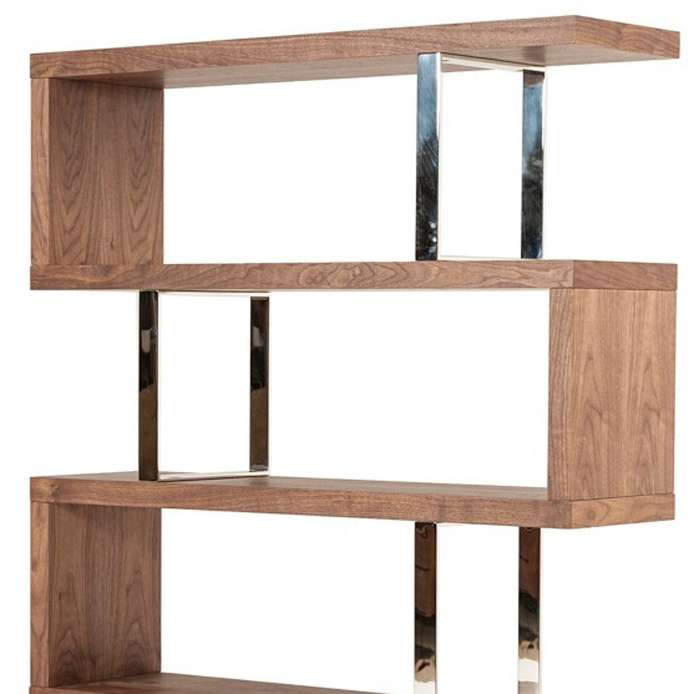 67" Walnut Manufactured Wood Four Tier Zig Zag Bookcase