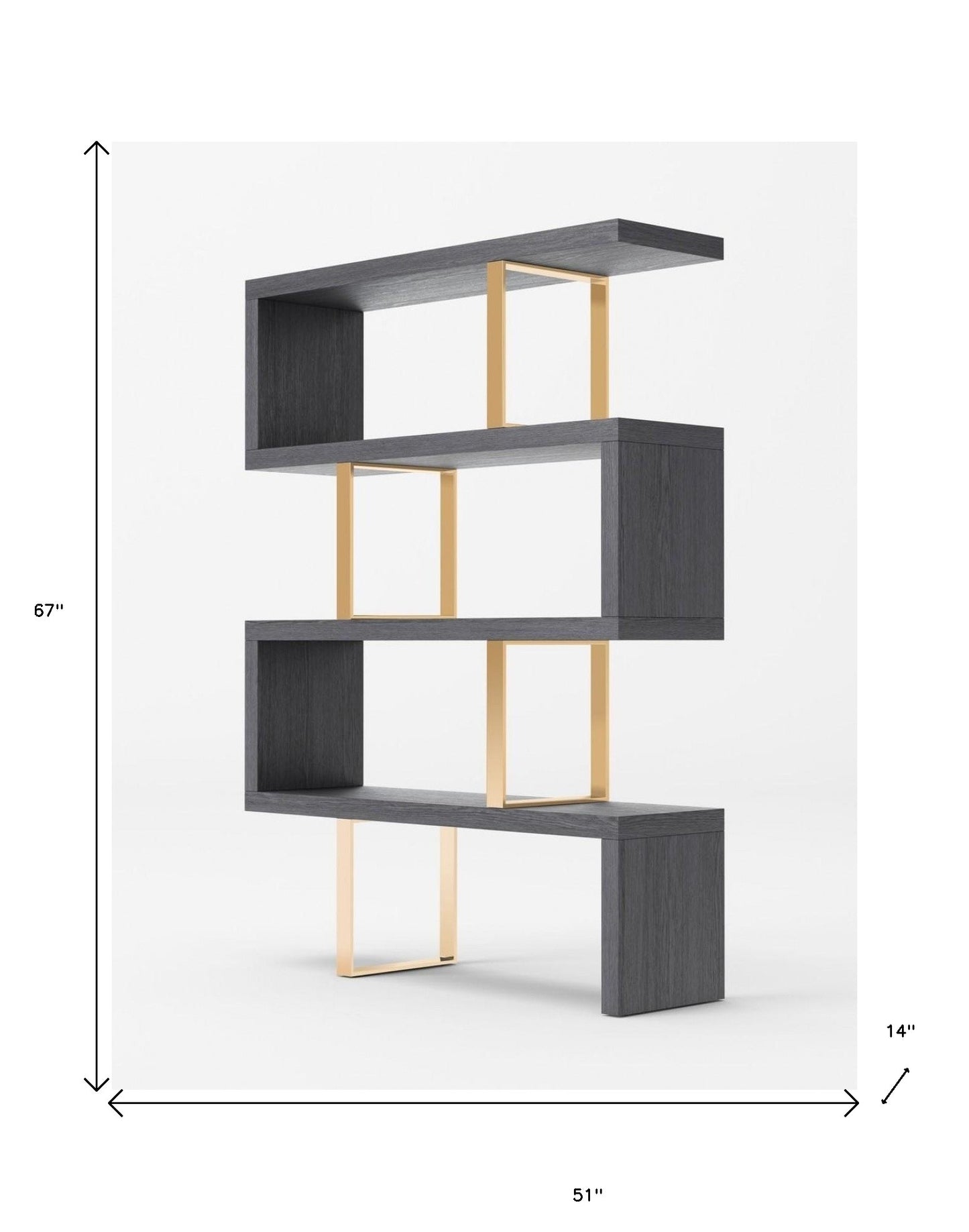 67" Gray and Gold Four Tier Bookcase