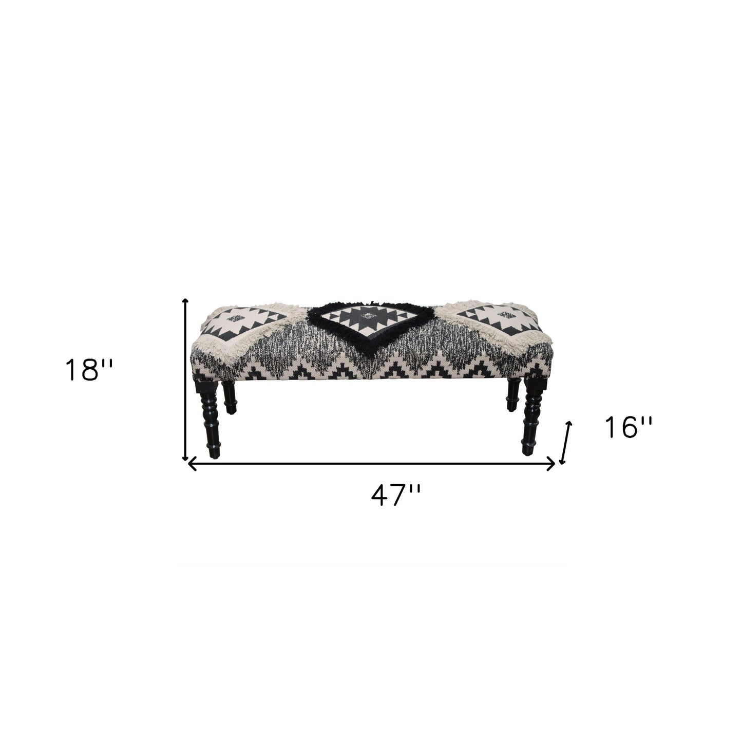 47" Black And White Black Leg Southwest Upholstered Bench