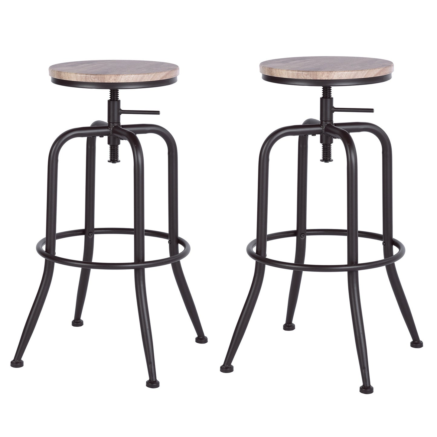 Set of Two Natural And Black Solid Wood And Steel Swivel Backless Counter Height Bar Chairs