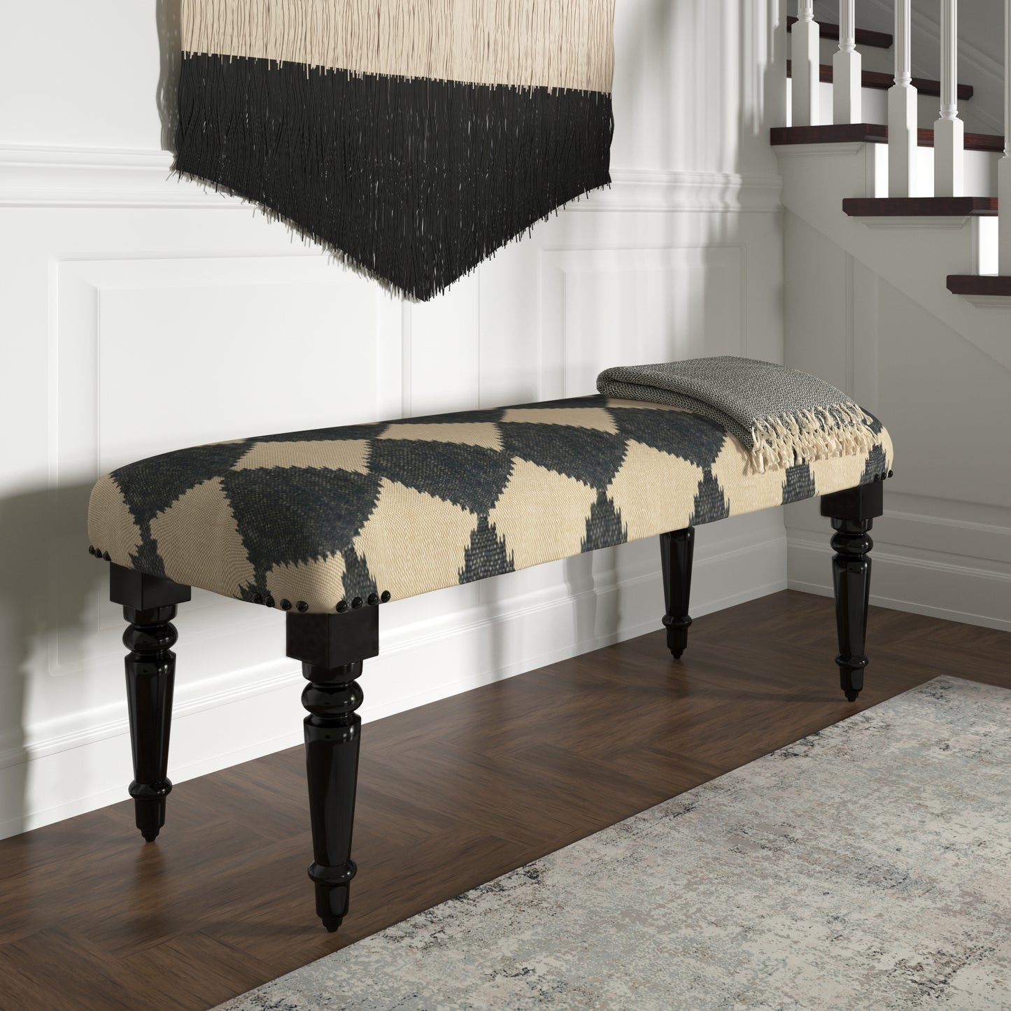 47" Tan And Black Black Leg Checkered Upholstered Bench