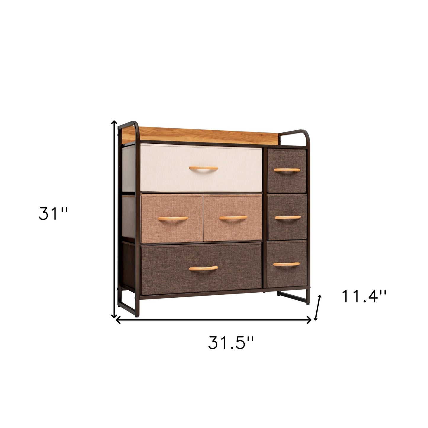 32" Brown Steel and Fabric Seven Drawer Dresser