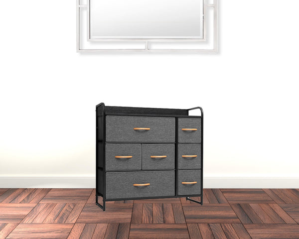 32 Gray and Black Steel and Fabric Seven Drawer Dresser