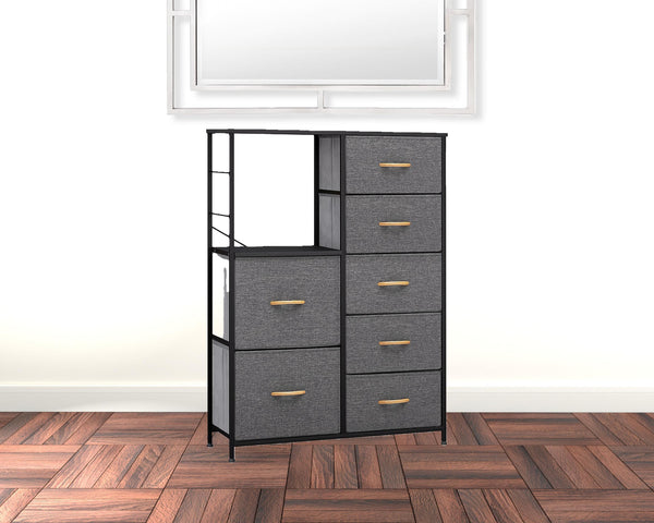 34 Gray and Black Steel and Fabric Seven Drawer Chest