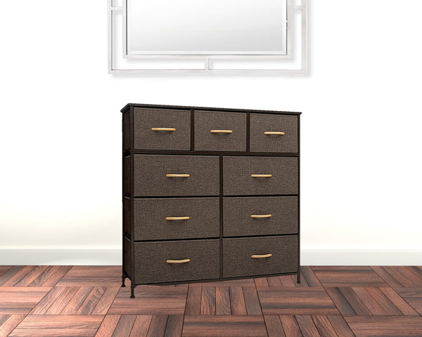 39 Brown Steel and Fabric Nine Drawer Triple Dresser