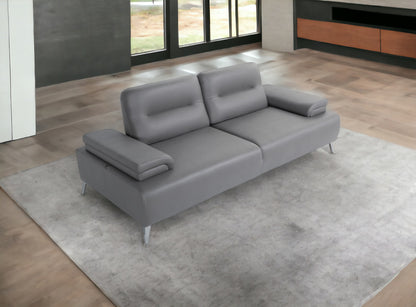 89" Light Gray Leather Convertible Sofa And Toss Pillows With Silver Legs