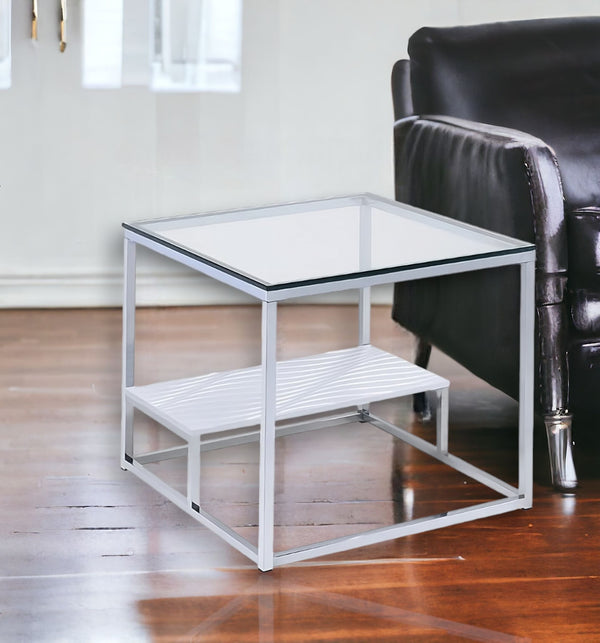 22 Chrome And Clear Glass Square End Table With Shelf