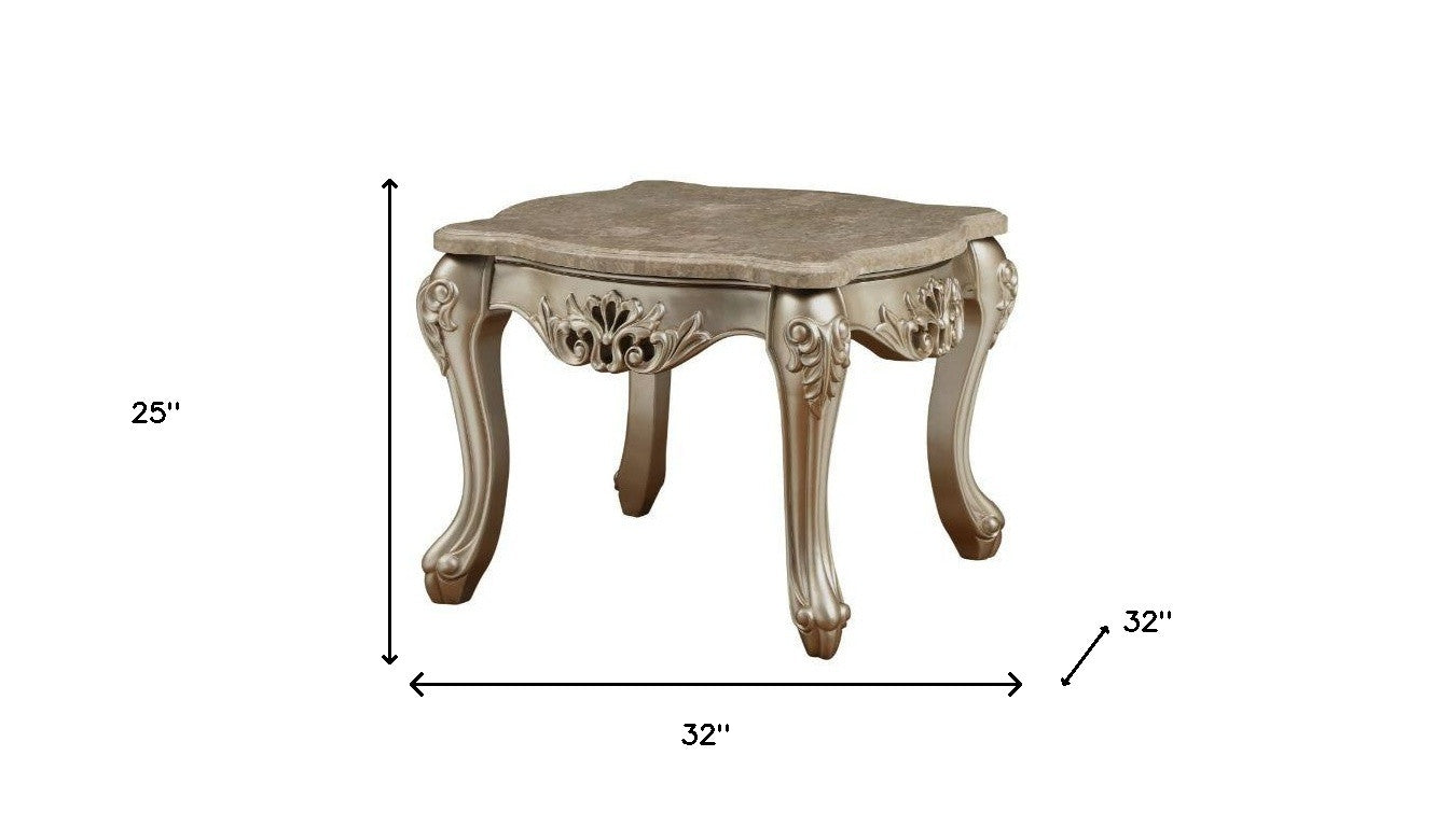 25" Champagne And Marble Marble And Solid Wood Square End Table