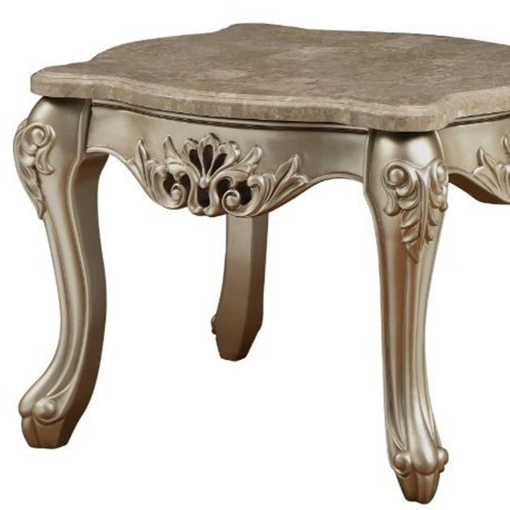 25" Champagne And Marble Marble And Solid Wood Square End Table