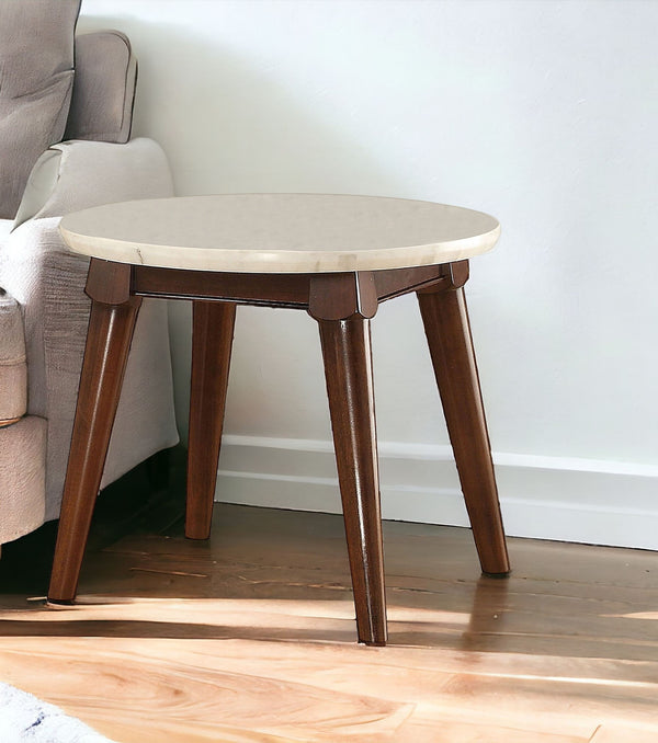 22 Walnut And White Faux Marble Round End Table