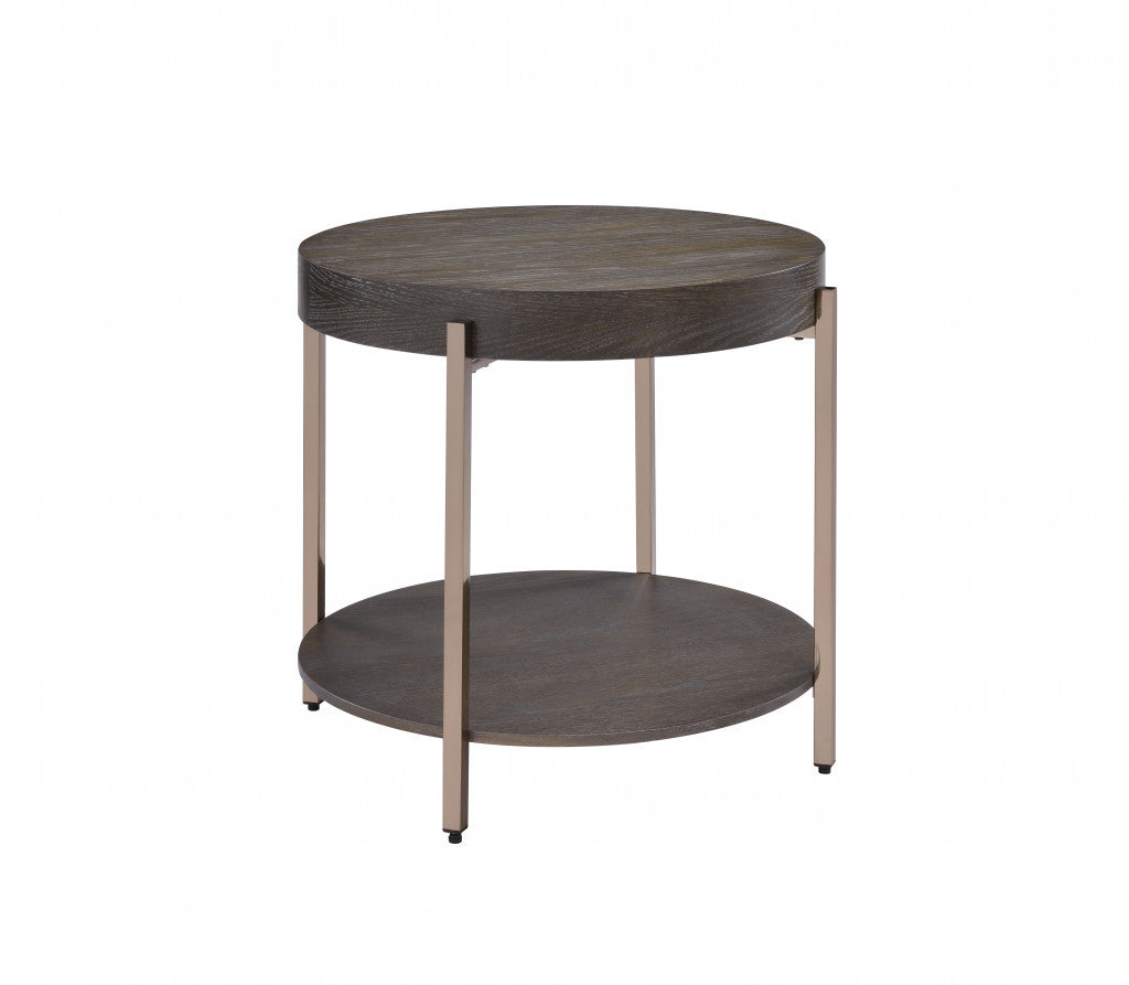 23" Champagne Metal And Dark Oak Manufactured Wood Round Two Tier End Table