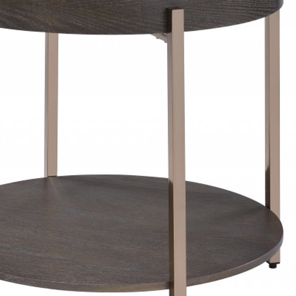 23" Champagne Metal And Dark Oak Manufactured Wood Round Two Tier End Table