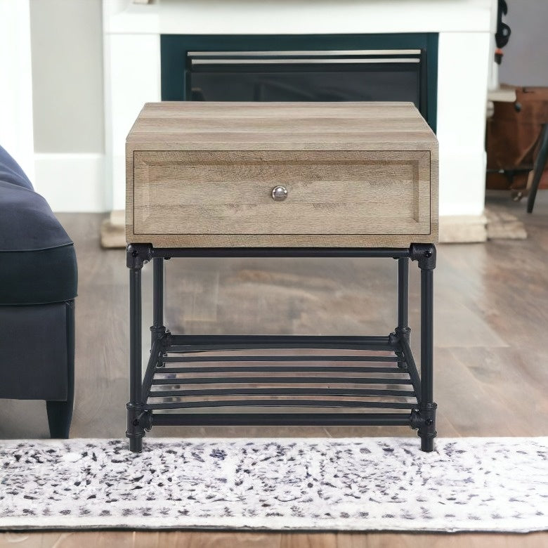 22" Sandy Black And Oak Manufactured Wood And Metal Square End Table With Drawer And Shelf